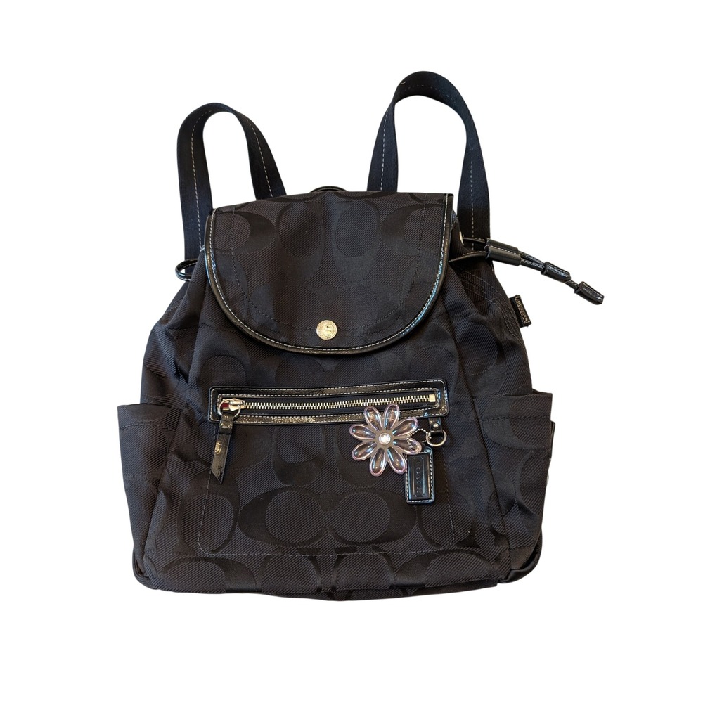 Vintage Coach Backpack Kyra Daisy Black Signature Jacquard Patent Trim Flower